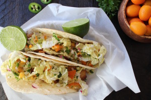 fish tacos with kumquat slaw