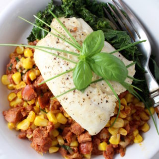 halibut with chourico and corn