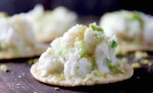 crab salad and wasabi pea appetizer