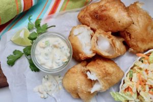 Beer batter fish with mango sauce